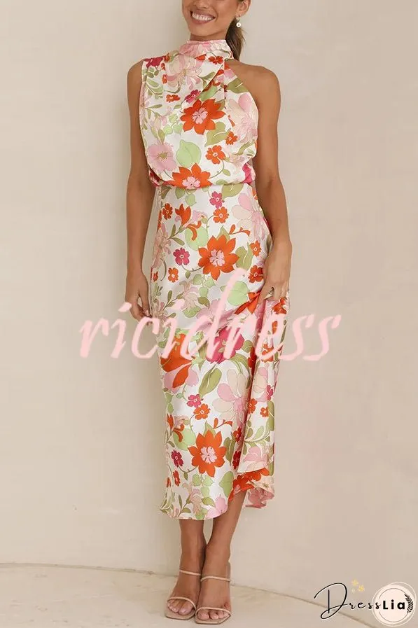 Fascinating Day Floral Halter Neck Elastic Waist Maxi Dress