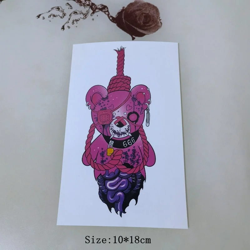 Hot Dark Pink Bear Tattoo Stickers Female Waterproof Cartoon Horror Pattern Body Art Flower Arm Fake Temporary Tattoos Stickers