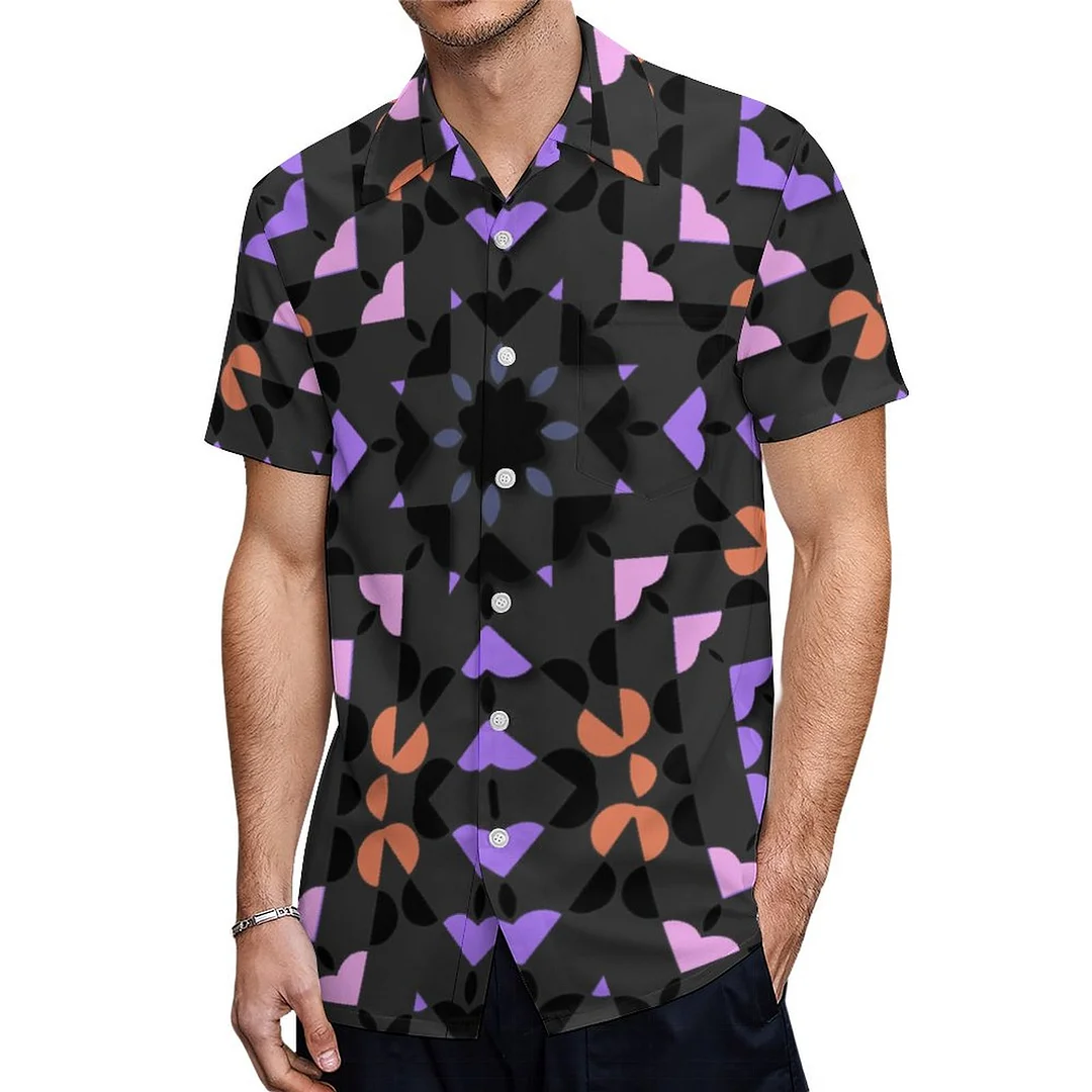 Dark Grey Pink Ethnic Folk Geometric Hawaiian Shirt Mens Button Down Plus Size Tropical Hawaii Beach Shirts