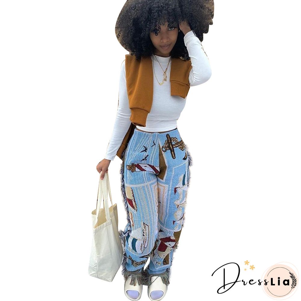 Side Tassels Patchwork Elastic Waist Women Print Jogger Pant