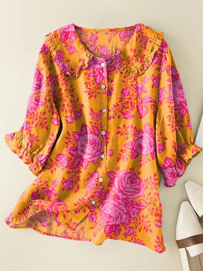 Vintage Colorful Floral Cotton and Linen Peter Pan Ruffle Collar Shirt