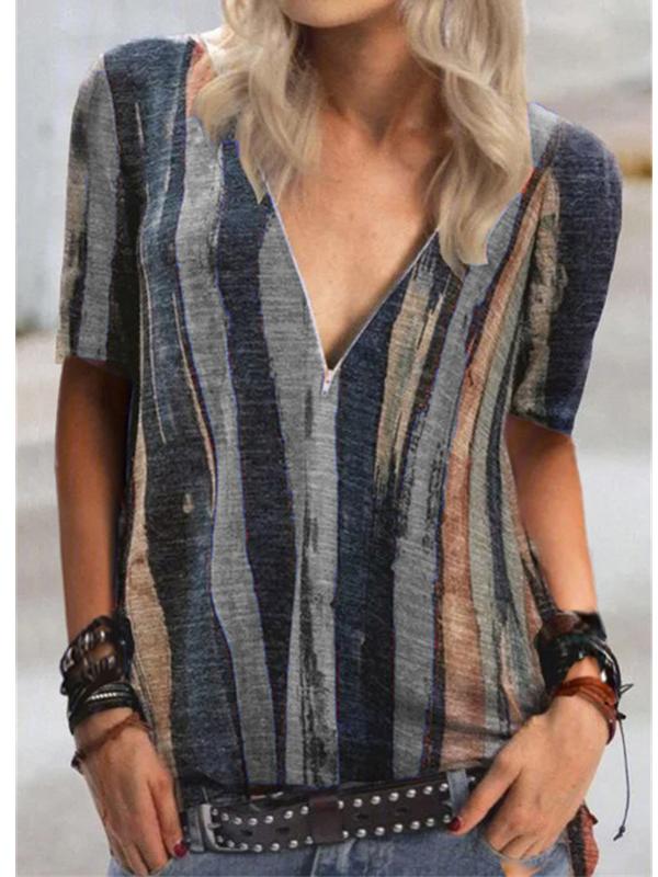Women Casual Short Sleeve V-neck Striped Printed Tops