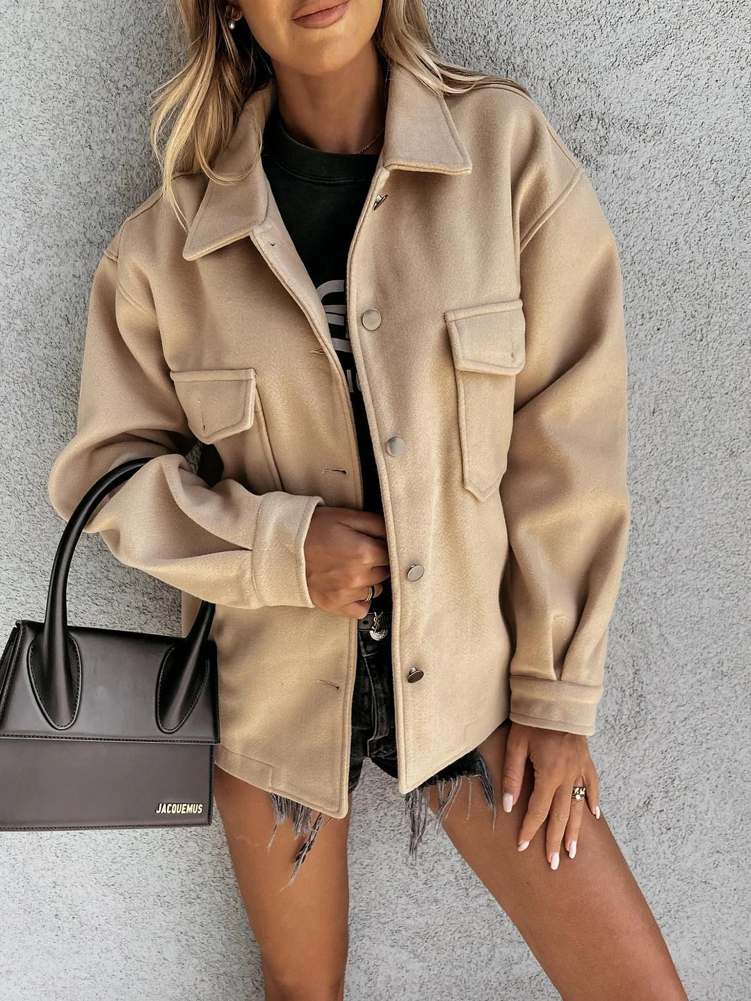 Women's Pocket Solid Color V-neck Long Sleeve Woolen Coat