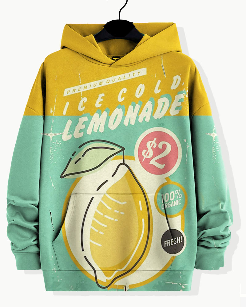 Men's Casual Retro Food Lemon Print Plus Size Hoodie Suit