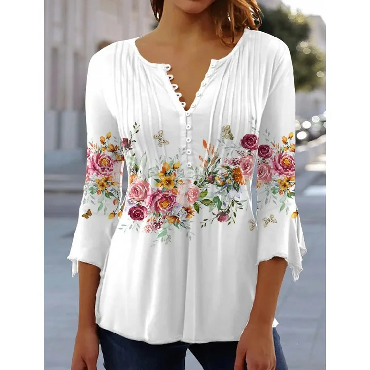 Plus Size Spring and Summer Fashion New Floral Printed V-neck Short Sleeve Pleated Button T-shirt VangoghDress