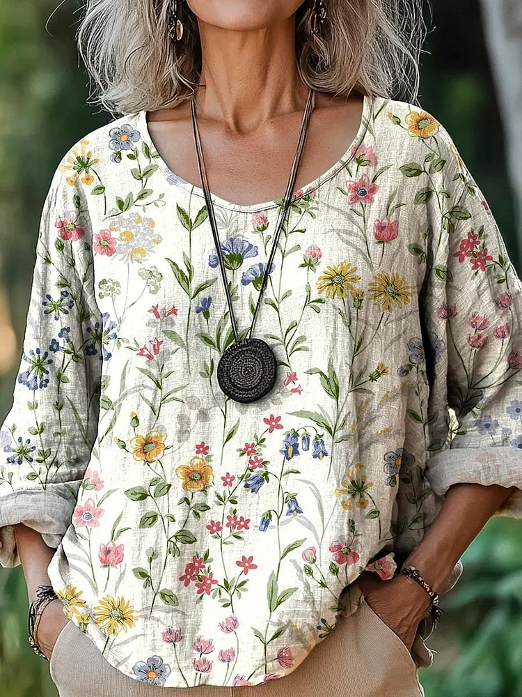 Women's Vintage Lovely Floral Art Print Casual Cotton And Linen Shirt