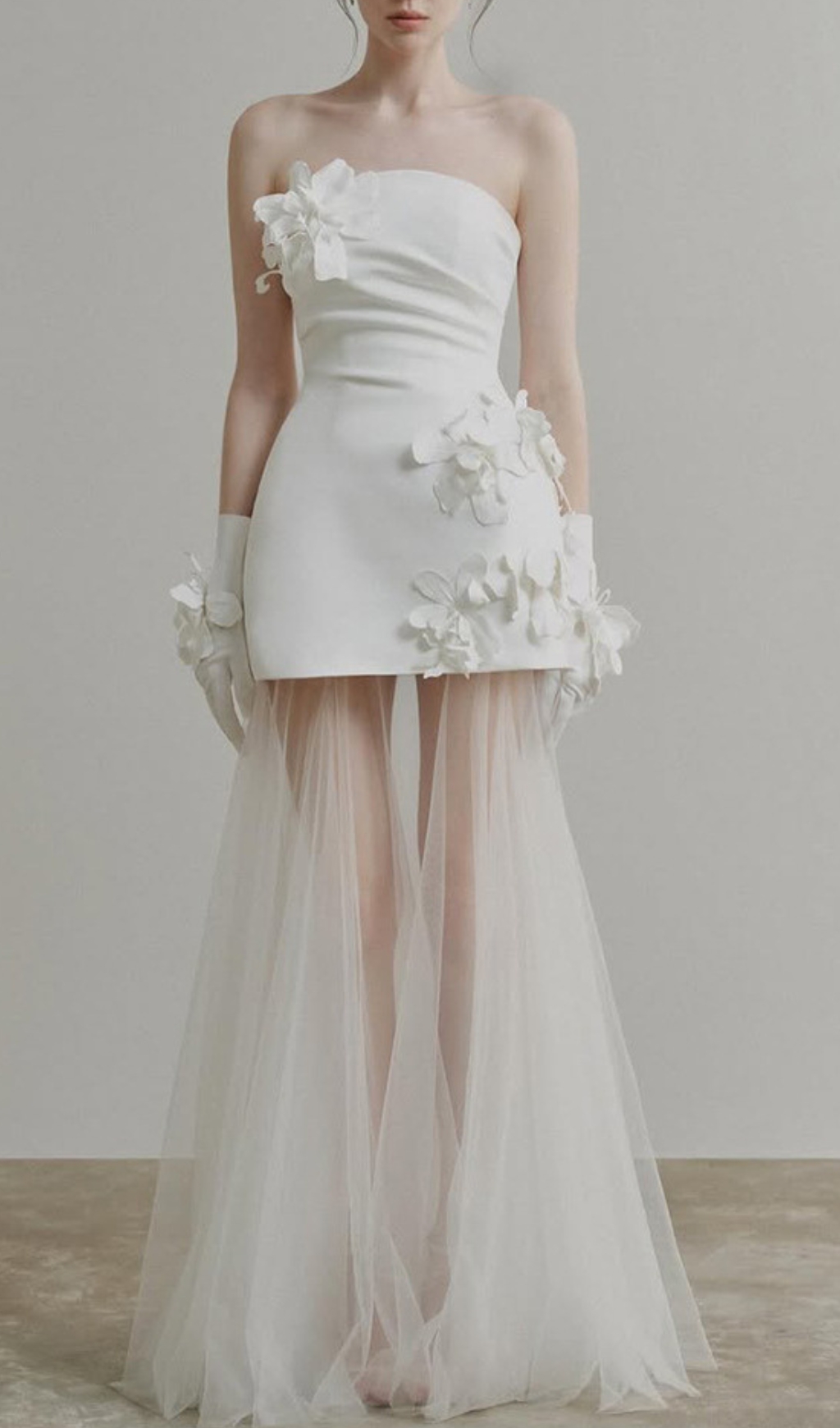 Doli White Strapless Flower Mesh Maxi Dress