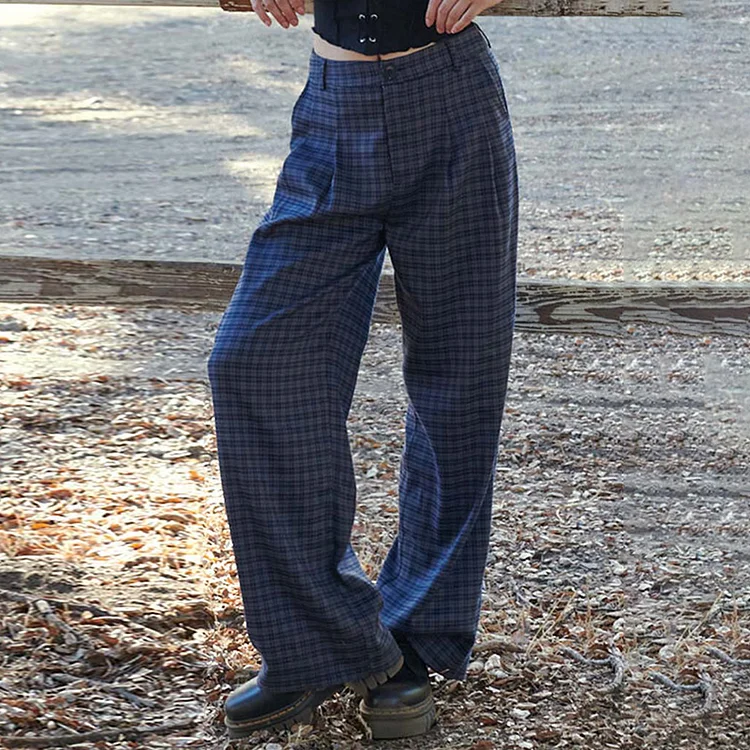 Ladies Retro Elegant High-Waisted Plaid Wide Leg Pants