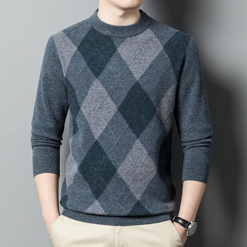 Winter Fashion: Stylish Round Neck Wool Sweater with Diamond Pattern for Men in Pure Wool