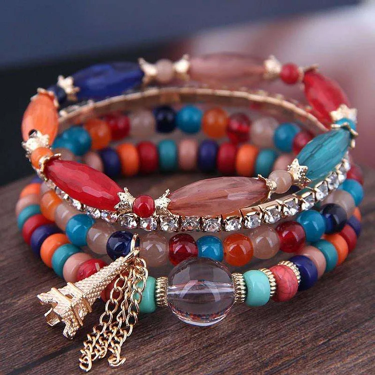 Bohemian Multicolor Crystal Leaves Bracelets Ethnic Elastic Rope Tassel Beads Wrap Bracelet