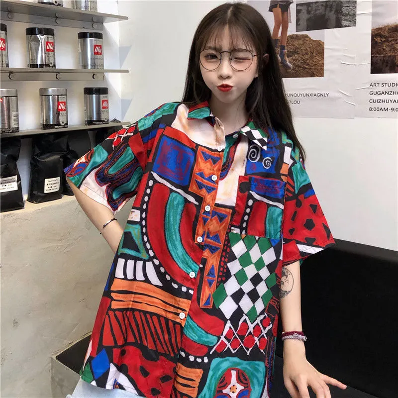 NiceMix Women Clothes Pockets Turn-down Collar Geometric Harajuku ulzzang camisetas mujer manga corta fashion Loose Shirts hot