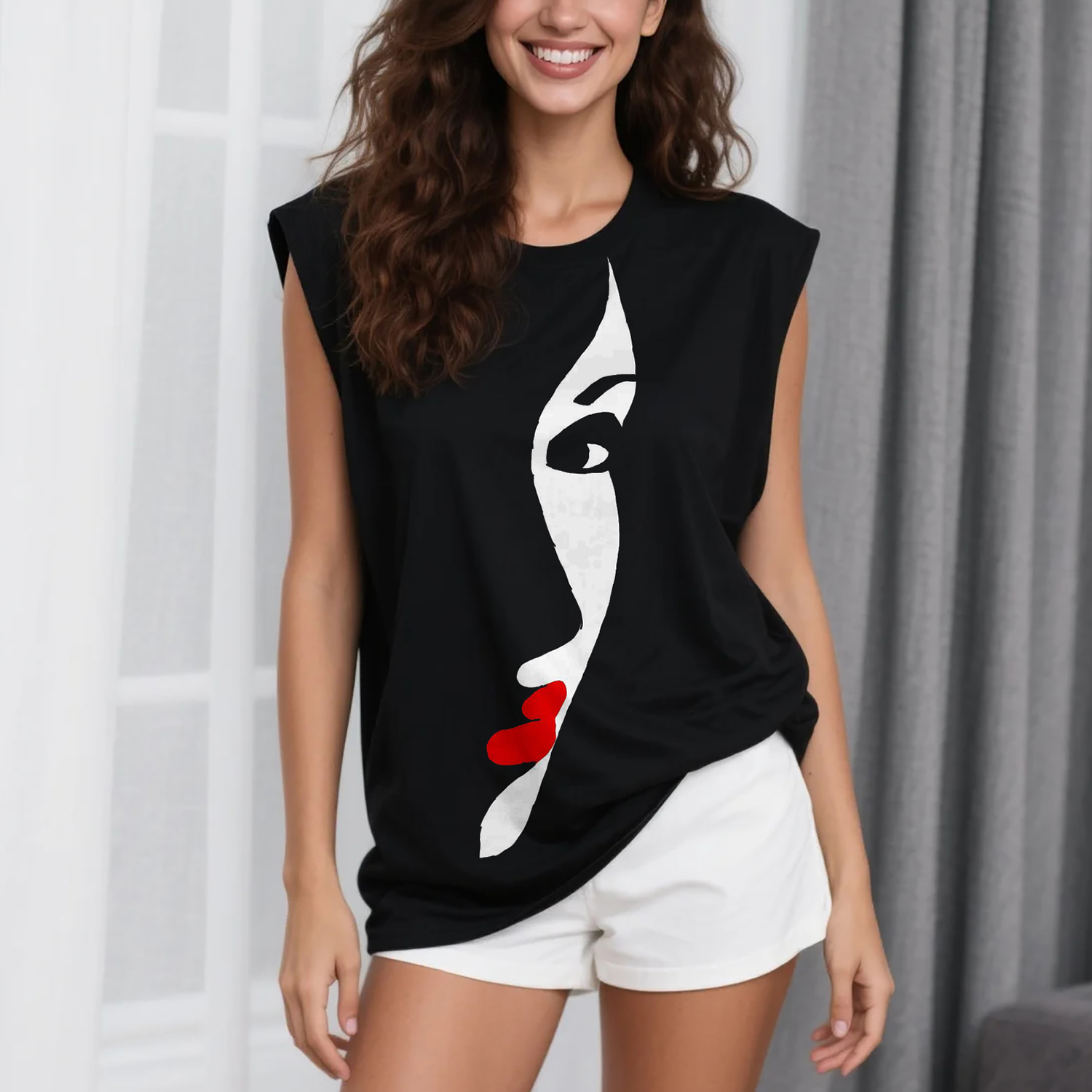 Unisex Home Leisure Loose Comfortable Round Neck Cotton Sleeveless T-shirt Printed Top