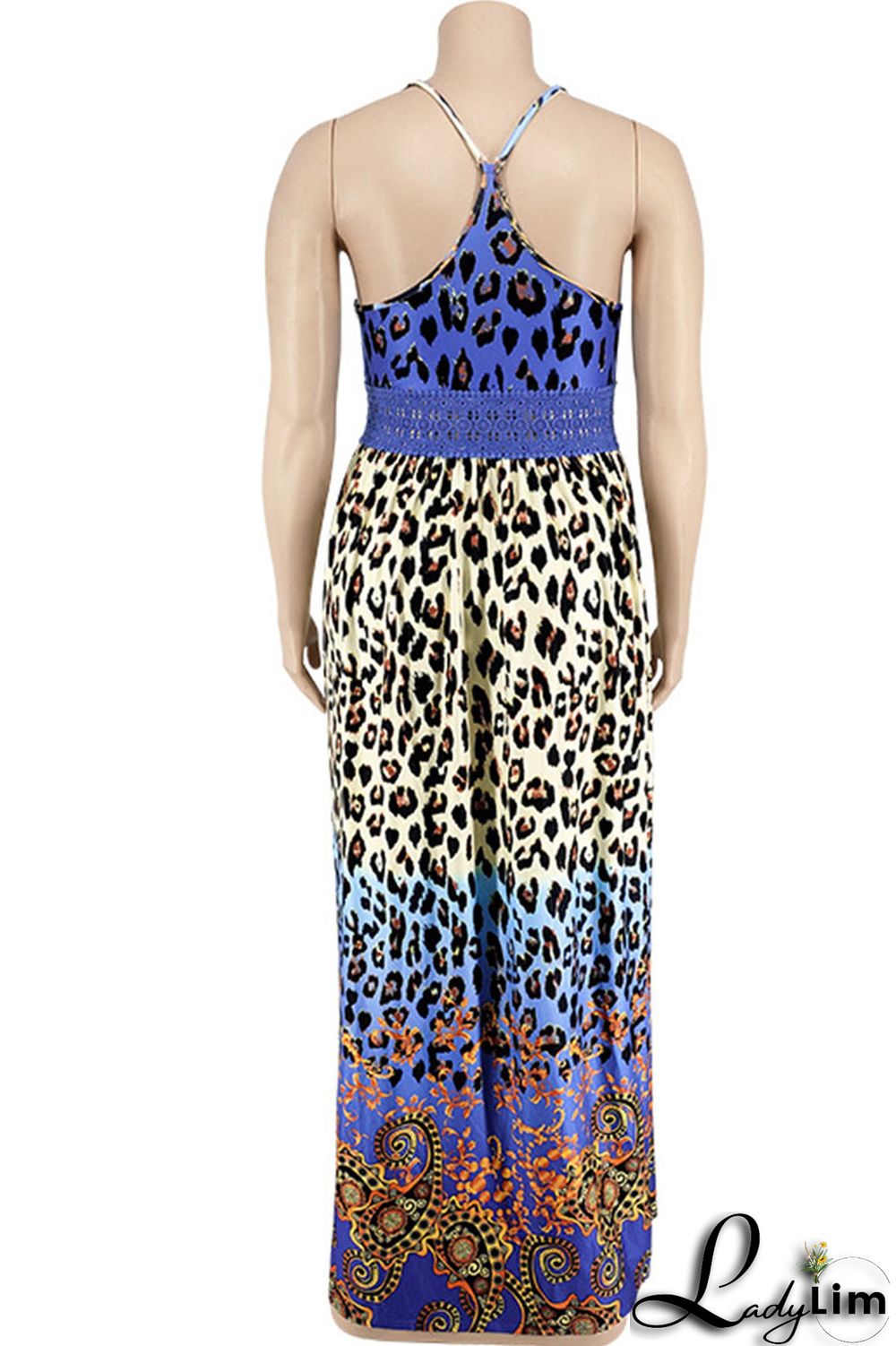 Blue Sexy Print Patchwork Slit Fold Spaghetti Strap Straight Dresses