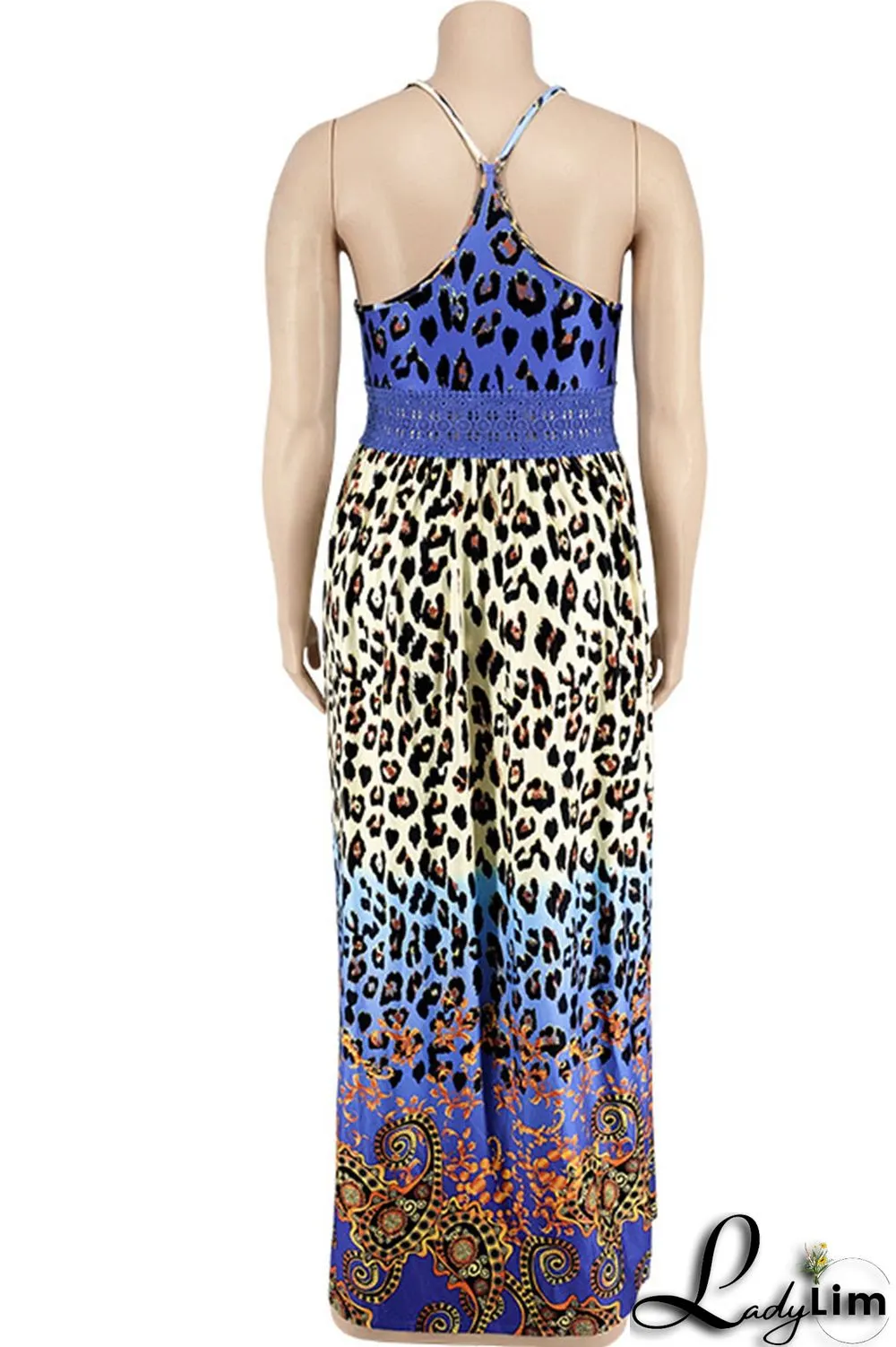 Blue Sexy Print Patchwork Slit Fold Spaghetti Strap Straight Dresses