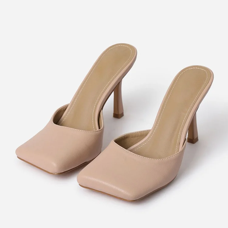 Nude Square Toe Stiletto Heel Mules Shoes |FSJ Shoes