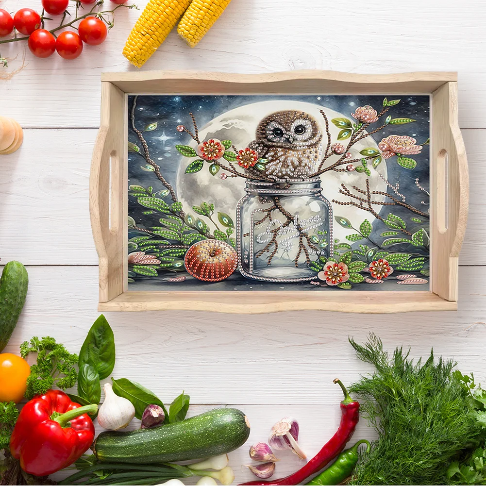 DIY Wooden Moon Vase Owl Diamond Decorative Serving Tray with Handle for Home(30*20cm)
