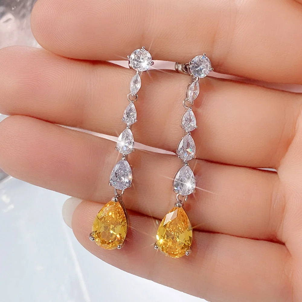Huitan Gorgeous Yellow Cubic Zirconia Dangle Earrings for Women Wedding Party Luxury Accessories Temperament Female Ear Jewelry
