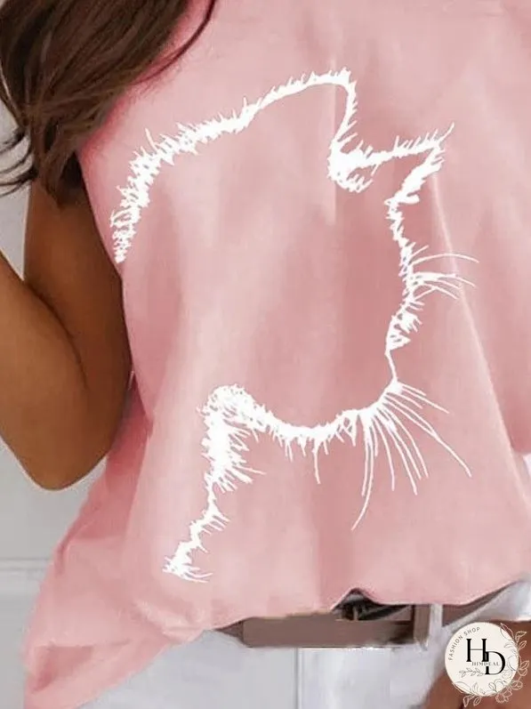 Cat Print Off The Shoulder Casual T-shirt for Women