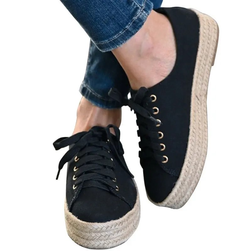 Women Canvas Shoes Women Casual Hemp Thick Bottom Flats Lace-up Ladies Autumn Vulcanized Shoes White Sneakers Round Toe