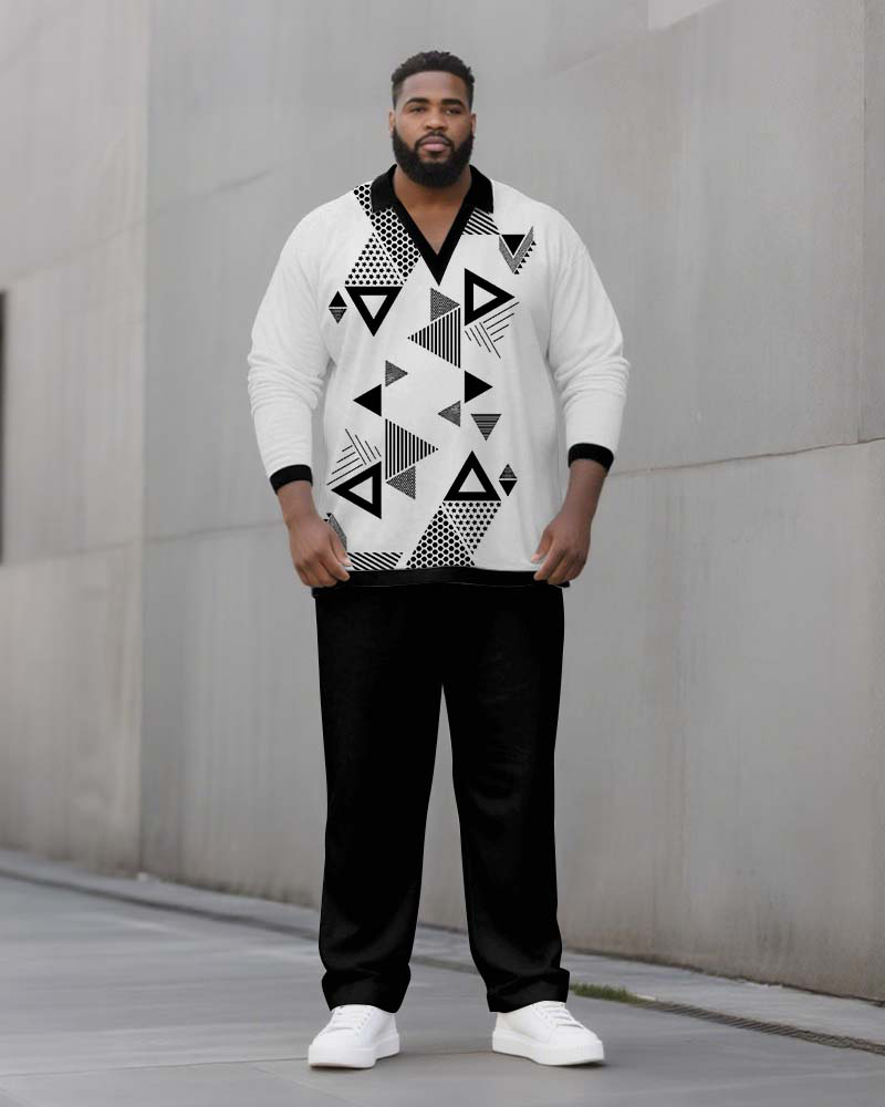 Big & Tall Men's Black And White Geometric Print POLO V-Neck Long Sleeve Pants Two-Piece Set