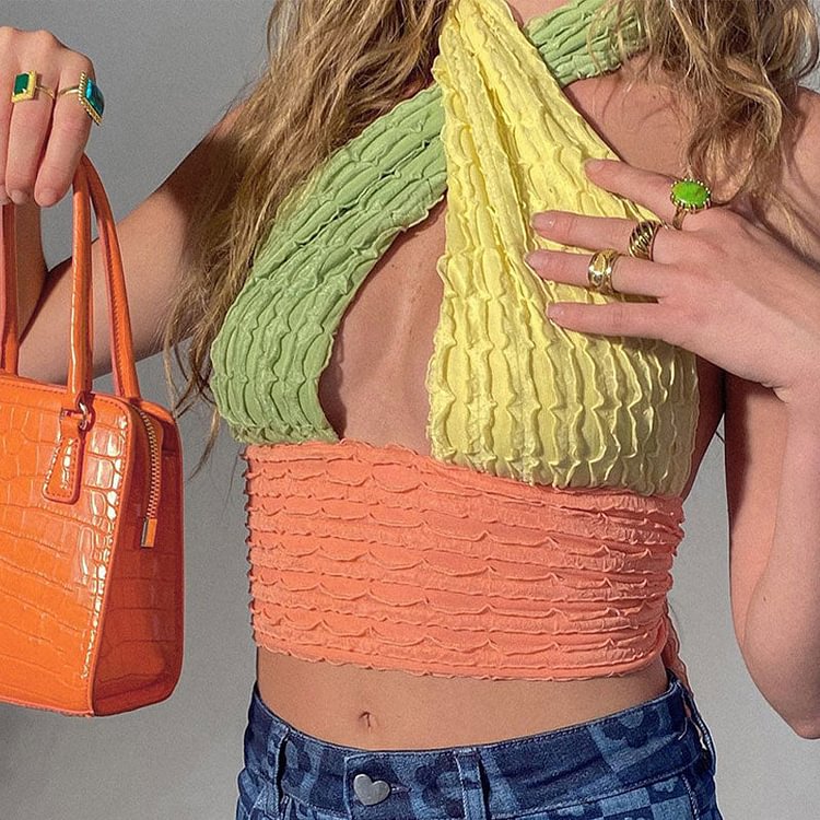 2022 Cotton Patchwork Hollow Out Knit Crop Top Women Halter Neck Summer Sleeveless Backless Sexy Off Shoulder Y2K Party Tank Top - BlackFridayBuys