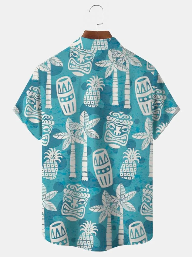 TiKi Coconut Tree Pineapple Print Men's Vacation Hawaii Big And Tall Aloha  Shirt