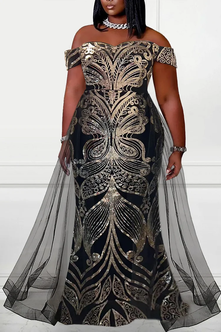 Plus Size Black Formal Off The Shoulder Vintage Sequin Overlay Skirt Mesh Maxi Dresses 