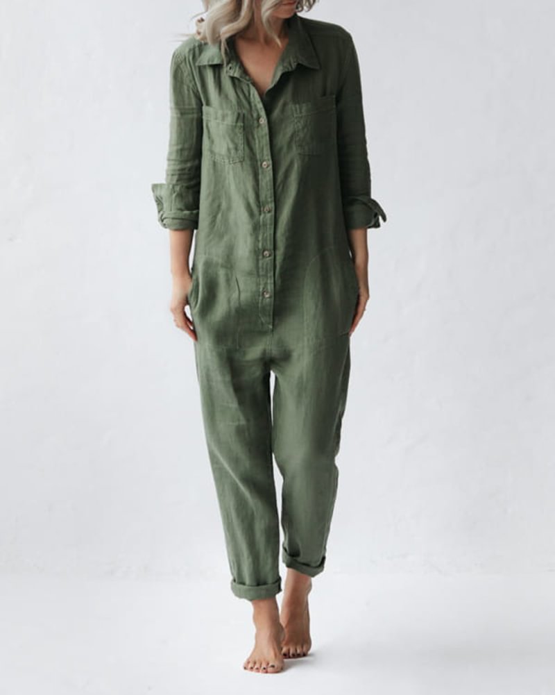 Linen Solid Long Sleeve Jumpsuits