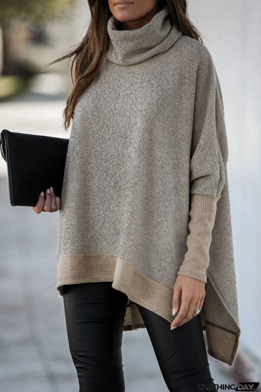 Turtleneck Bat Sleeve Side Slit Tunic Top