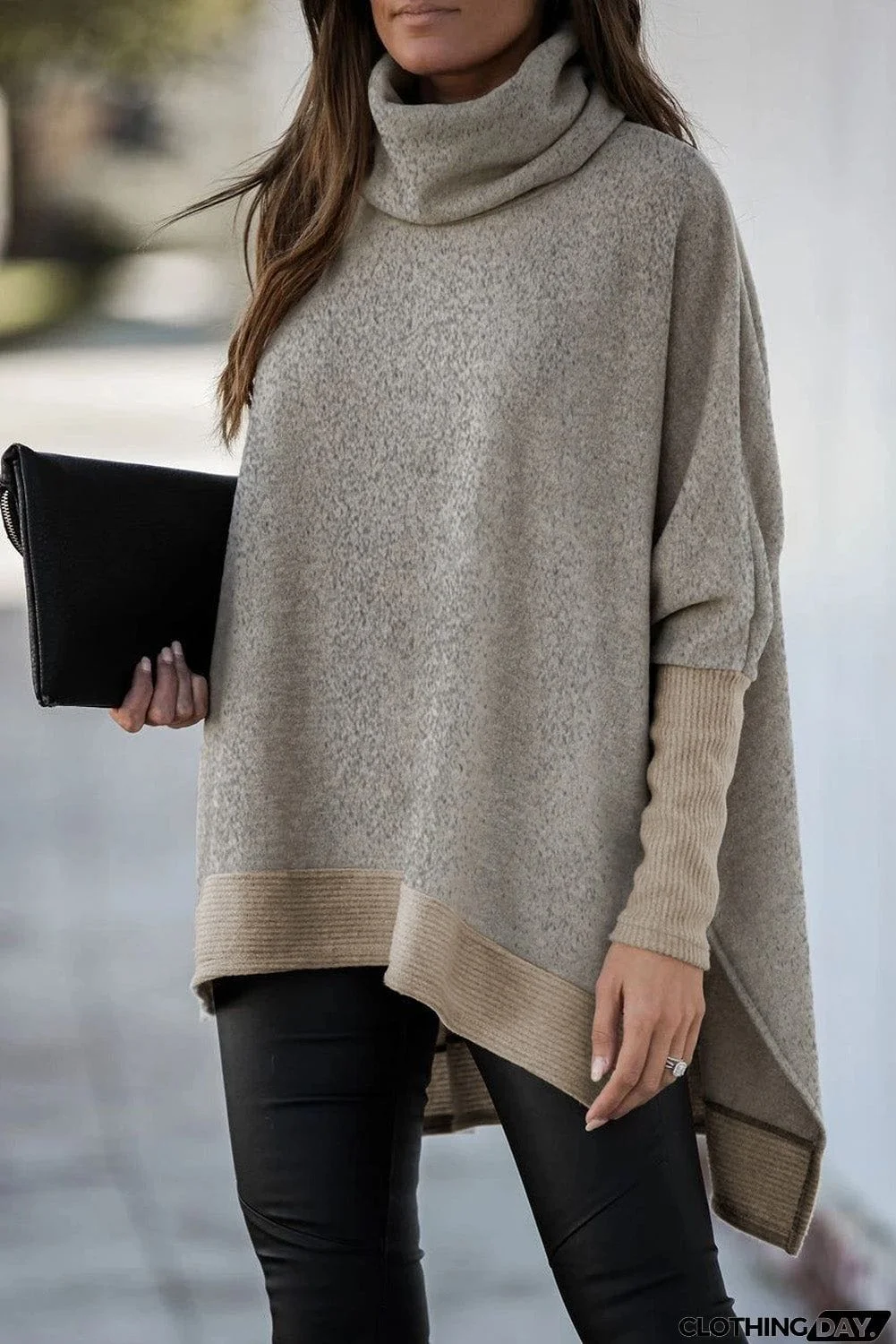 Turtleneck Bat Sleeve Side Slit Tunic Top