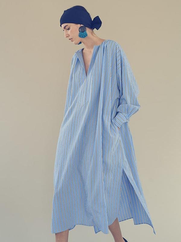 Blue Striped Split-side V-neck Midi Dress