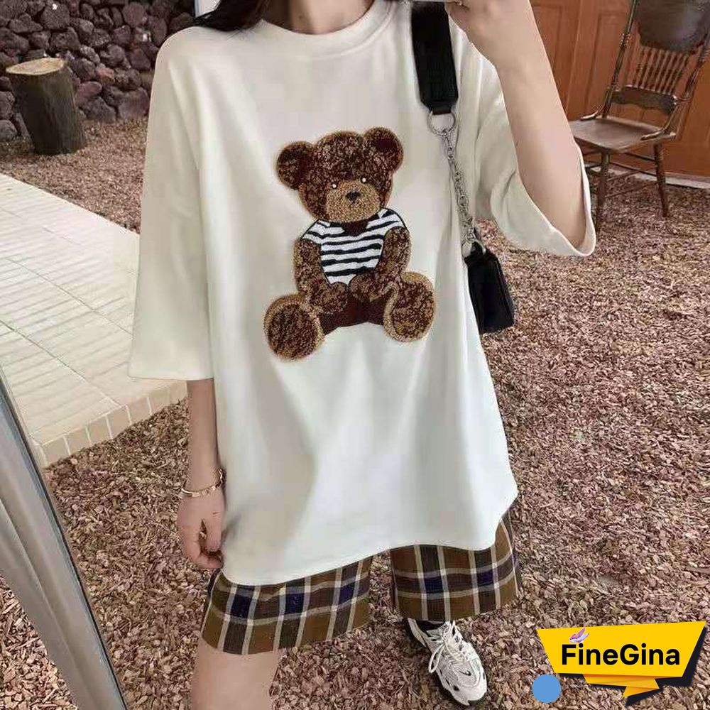 Harajuku Streetwear Oversized Women Tshirts Korean Cute Bear Half Sleeve Loose T-Shirt Fashion Casual Tees Summer Couple Clothes