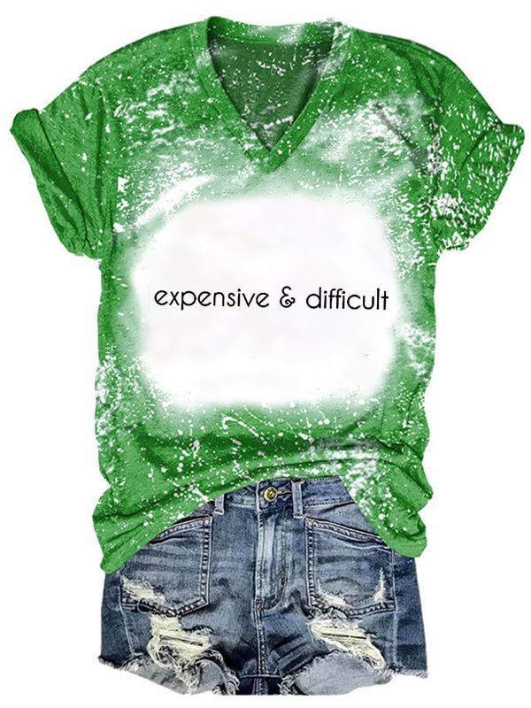 Short Sleeve V Neck Gradient Expensive And Difficult Letter Printed T-shirt