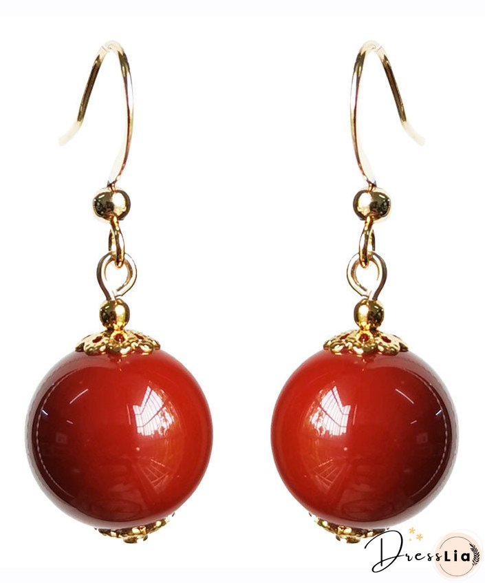 Stylish Red 14K Gold Agate Ball Drop Earrings