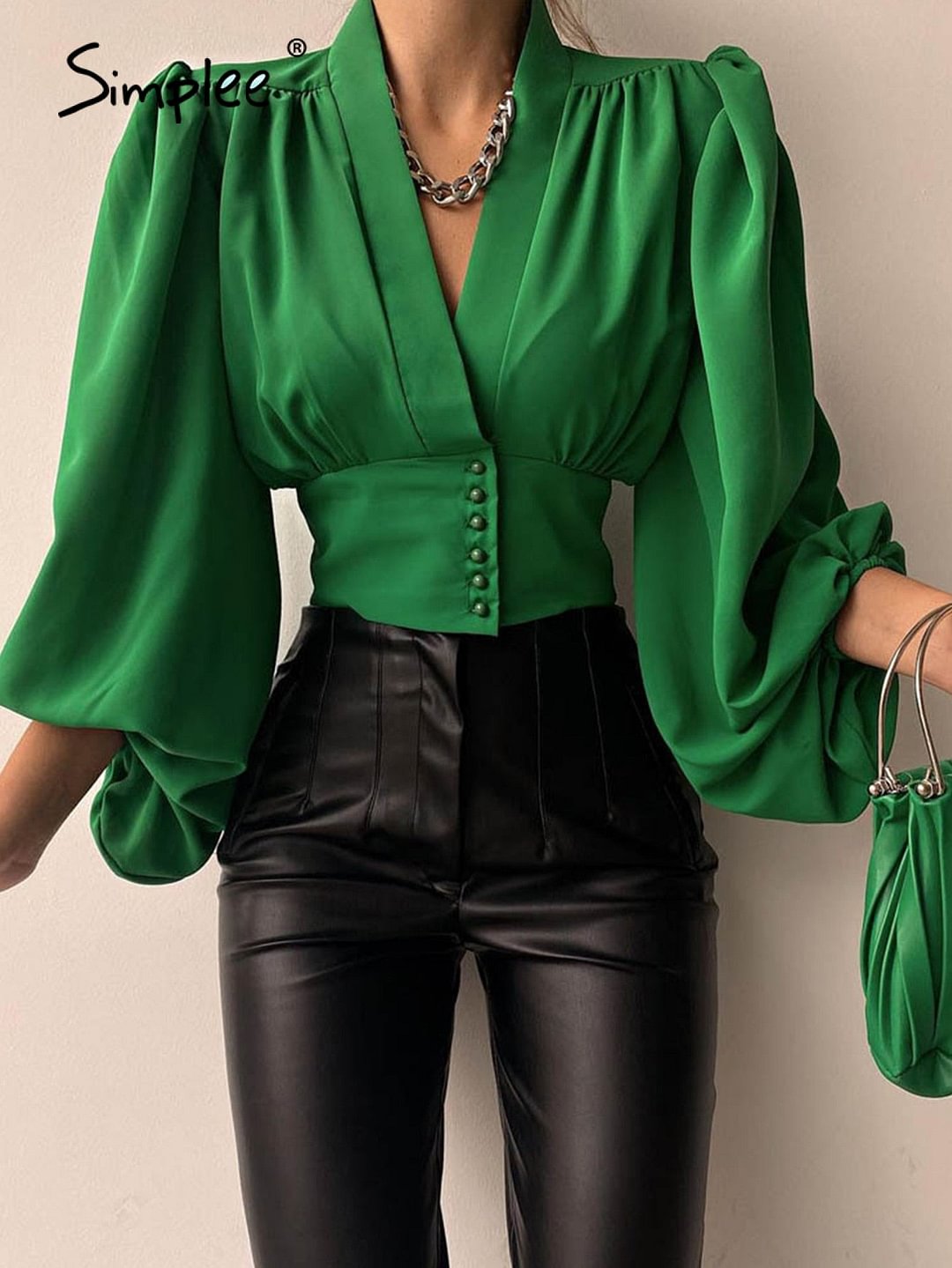 Simplee Office lady v-neck lantern long sleeve blouse green  Black skinny casual women blouse shirt  Spring floral retro shirts
