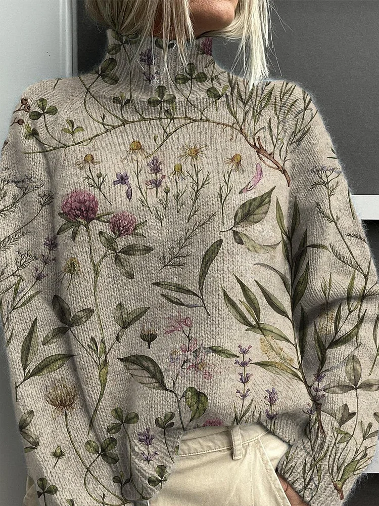 Tranquil Vintage Floral Pattern Printed Knit Turtleneck Pullover Sweater