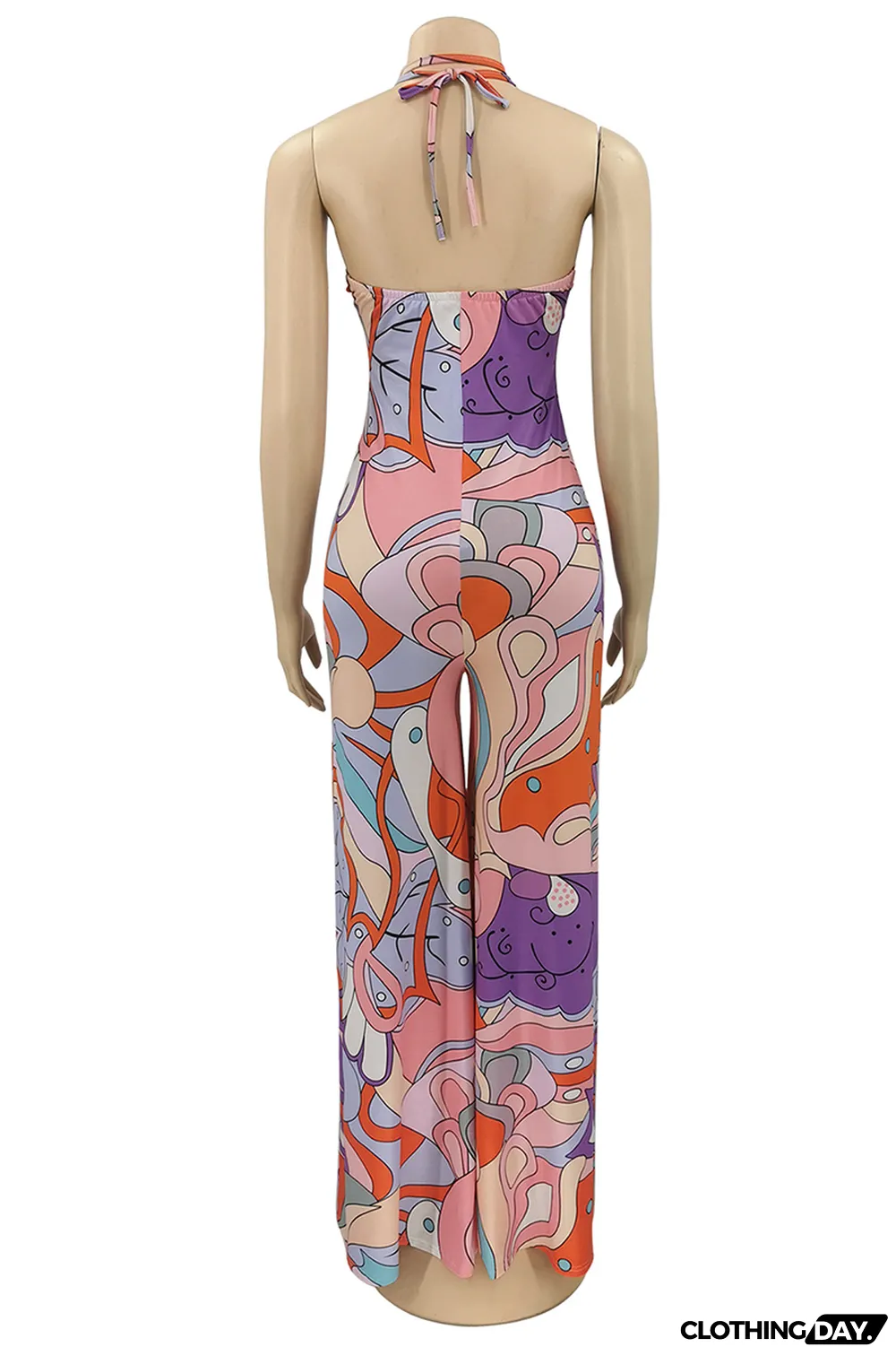 Pink Sexy Print Patchwork Halter Straight Jumpsuits