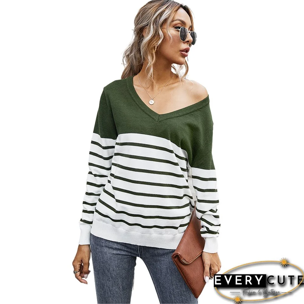 Army Green Splice Stripe Print V Neck Sweater