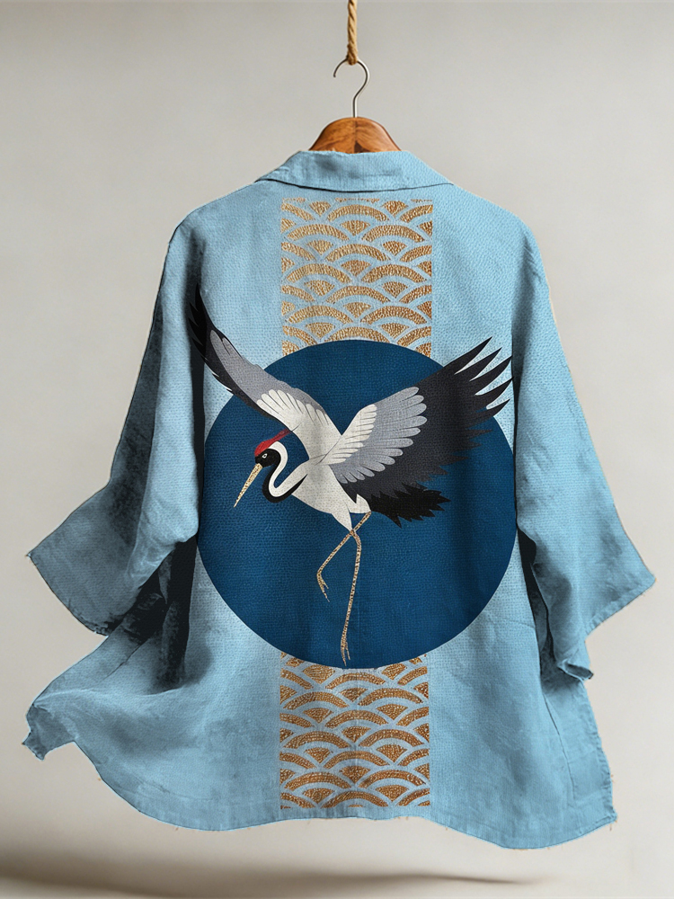 Japanese Cranes Art Pattern Flowy Linen Kimono  artssus