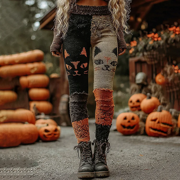 Vintage Patchwork Halloween Pumpkin Face Art Stitched Cozy Knit Leggings