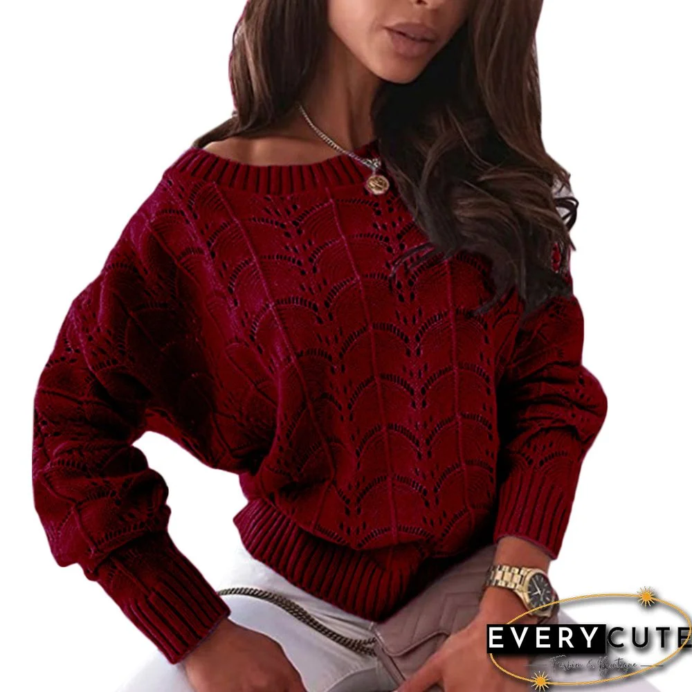 Wine Red Hollow Out Bat Sleeve Off Shoulder Sweater