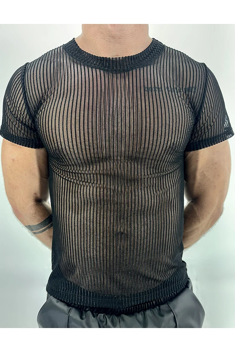 Men's Stripe Mesh See Through Slim Fit Black Top [Pre-Order]
