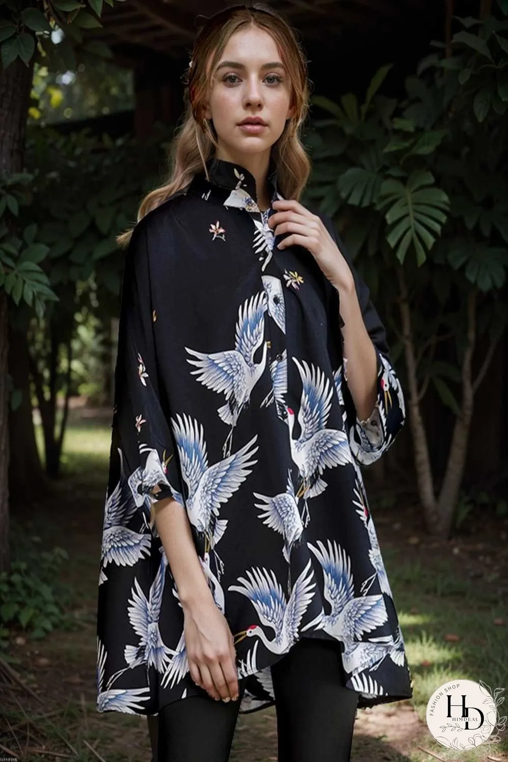 size curve blouses crane print loose oversized blouse