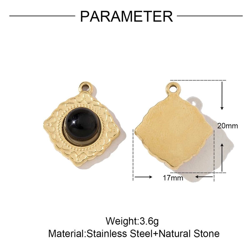 3 PCS/Package 18*19mm 201 Stainless Steel Natural Stone 18K Gold Plated Square Rhombus Polished Jewelry Accessories Pendant