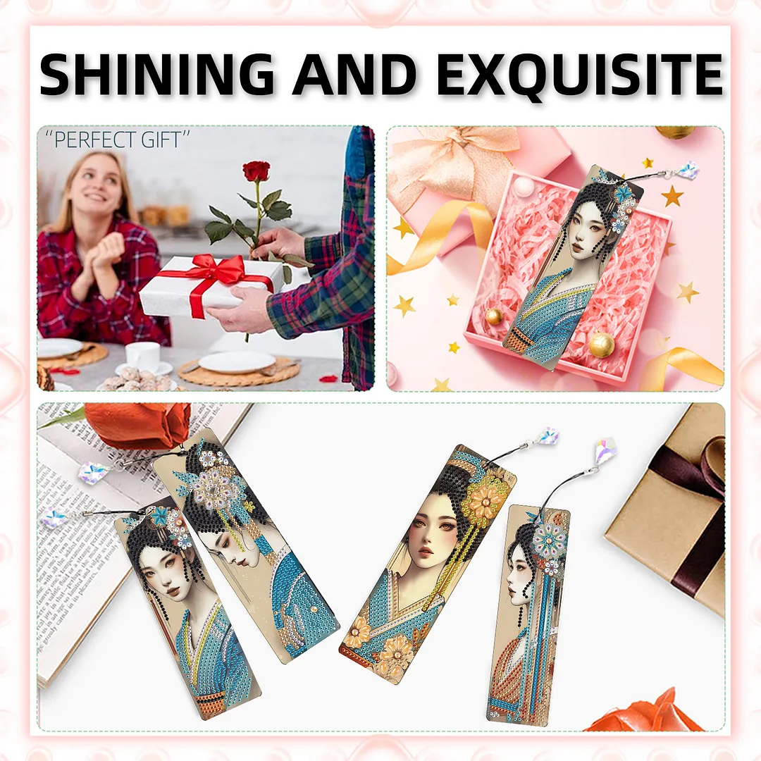 4Pcs Oriental Beauty DIY Diamond Bookmark Art Projects Irregular Shaped Diamonds Diamond Painting Art Bookmarks with Crystal Pendants for DIY Making Beginners Adult Art Craft Supplies
