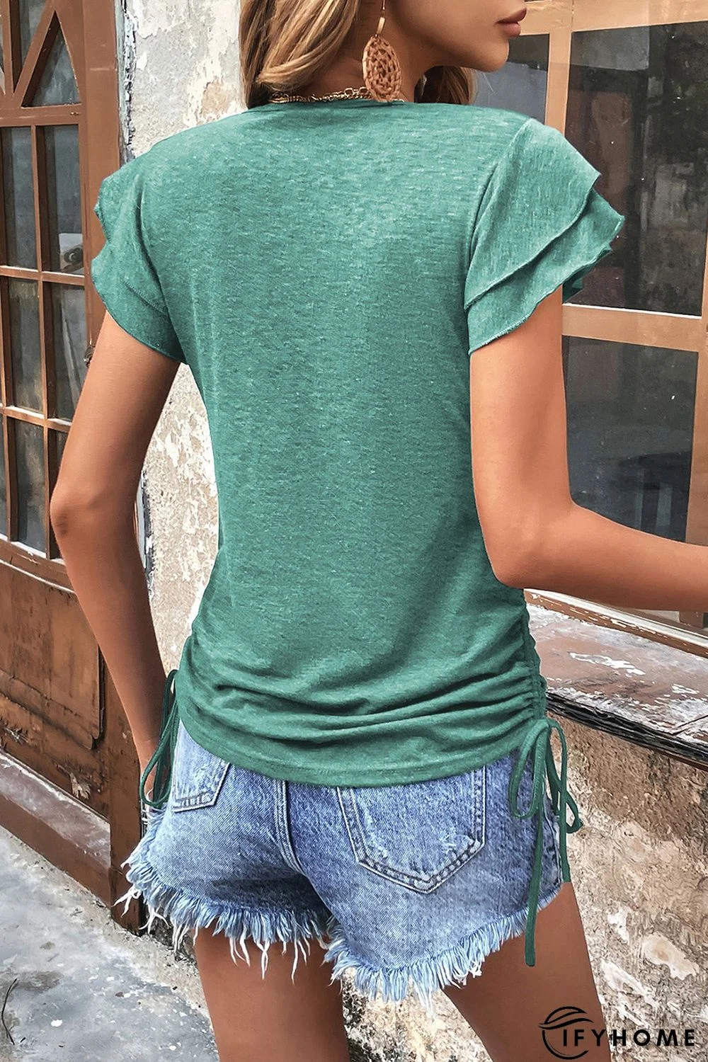 Green Ruffle Short Sleeves V Neck Drawstring Top | IFYHOME