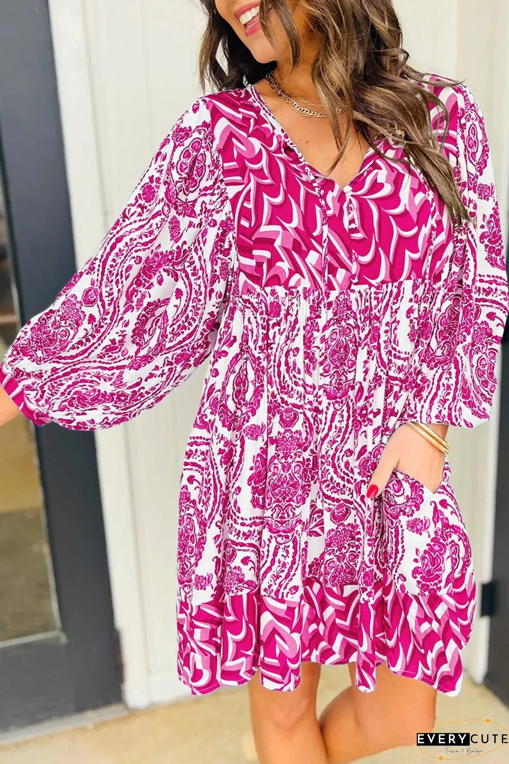Rose Bohemian Print Puff Sleeve Tied V Neck Flared Mini Dress