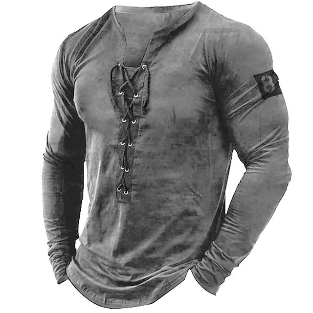 2024 New Men's Long Sleeve Henry Shirt Solid Color Lead Top Casual Beach Bottom Shirt Top / Rvogue / Rvogue