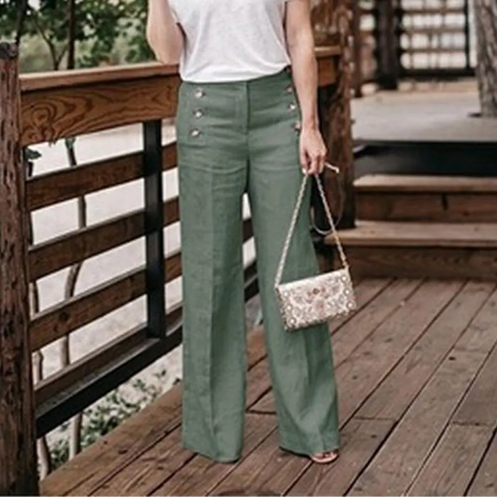 Solid Color Buttons High Waist Wide Leg Pants Women Cotton Linen Long Trousers