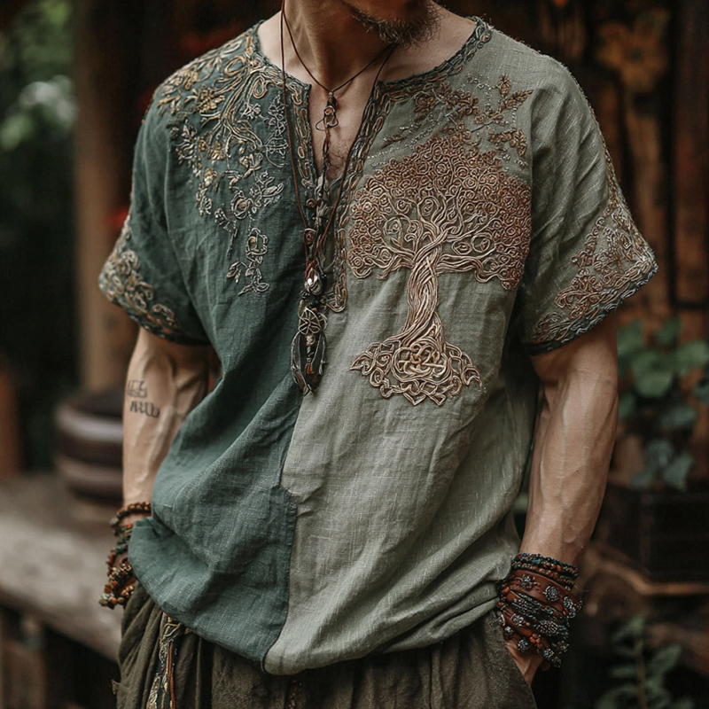 Men's Vintage Viking Celtic Knot Embroidered Art Cozy Linen Shirt